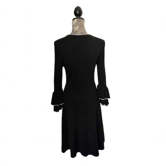 Vince Camuto Women S Black & White Sleeved Ruffled Fit & Flare Midi Knit Dress - Picture 2 of 13